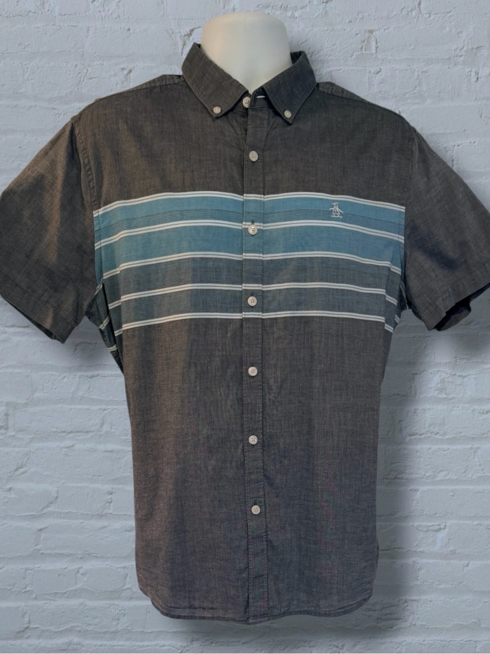 Original Penguin Mens L Button Down Shirt Gray Blue Stripe Short Sleeve Casual